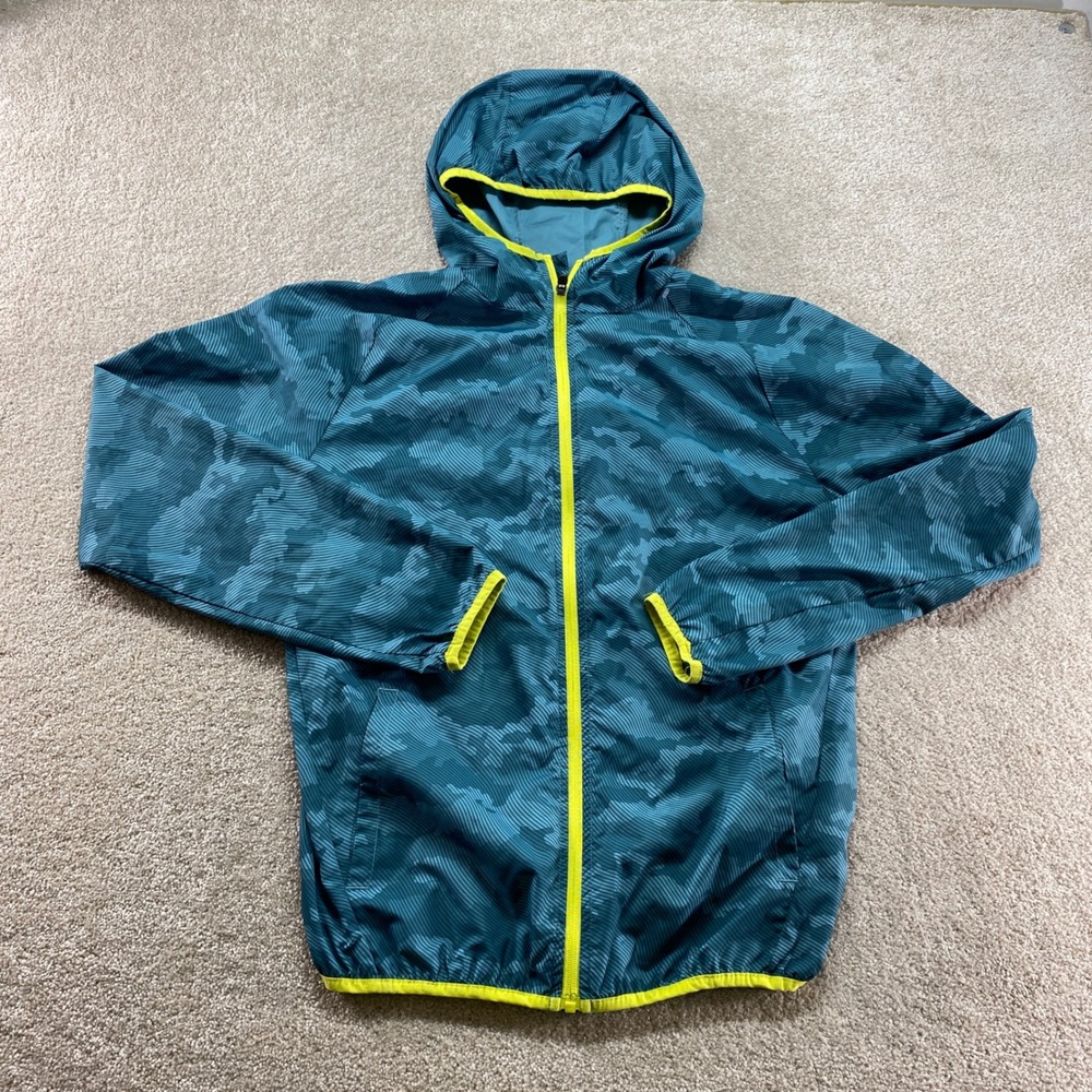 Asics Windbreaker Jacket Mens Small Teal‎ Camo Neon Yellow Hooded Running Coat